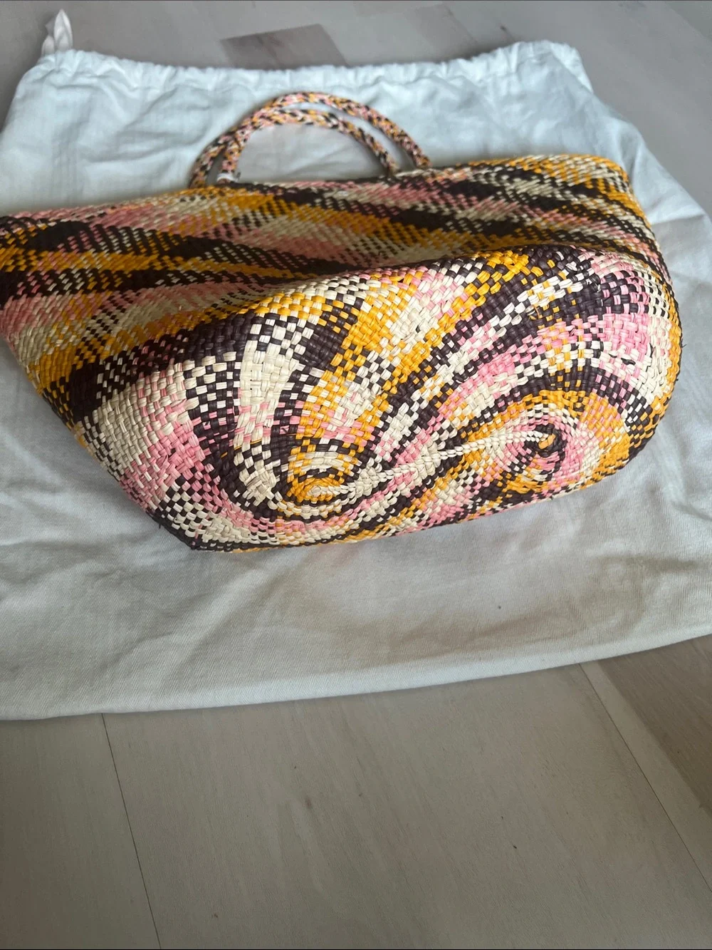 Ulla Johnson Pink, Yellow and Brown Woven Straw Tote